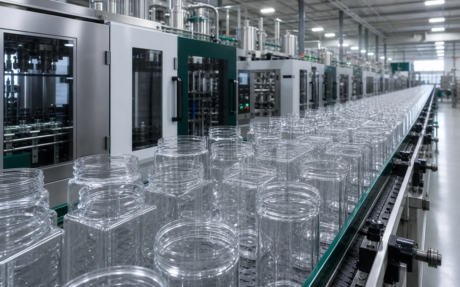 Rigid packaging containers moving through an automated production line