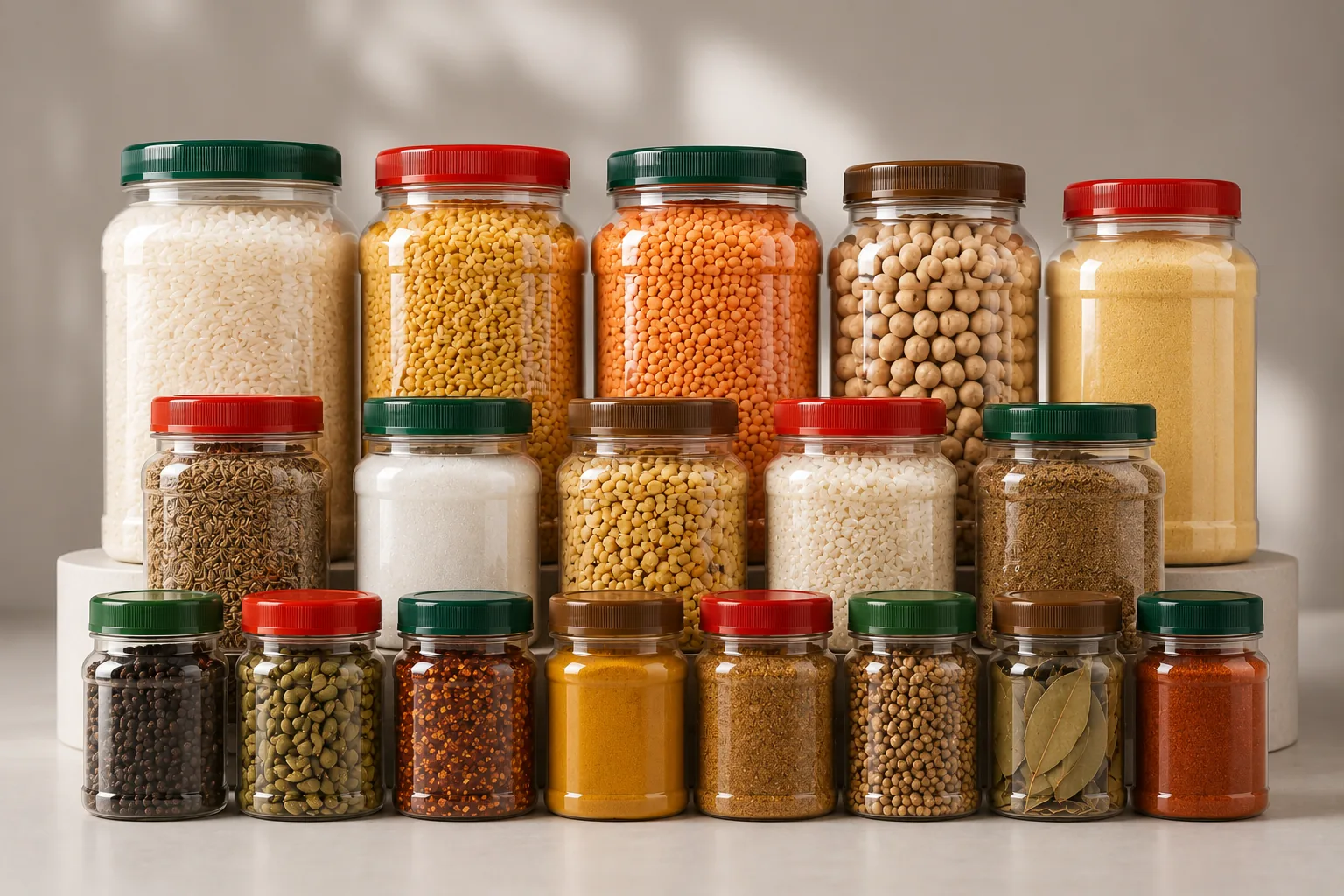 Rigid plastic jars for rice spices and dry ingredients